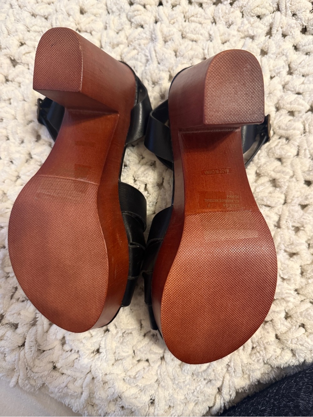 Black Leather Platform Sandals with Wood Heel - Picture 2 of 2